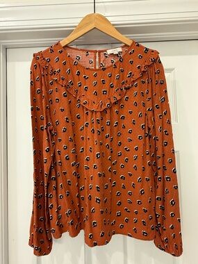 LOFT Rust Leopard Print Ruffle Yoke Blouse